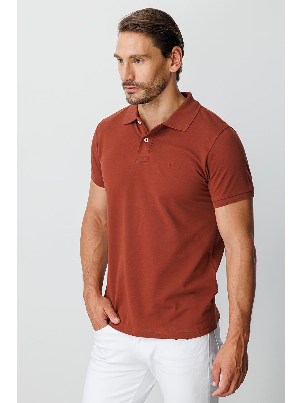 Kahverengi Kiremit Modern Fit Dar Kalıp Polo Yaka Düz Kısa Kollu %100 Pamuk Tişört-3