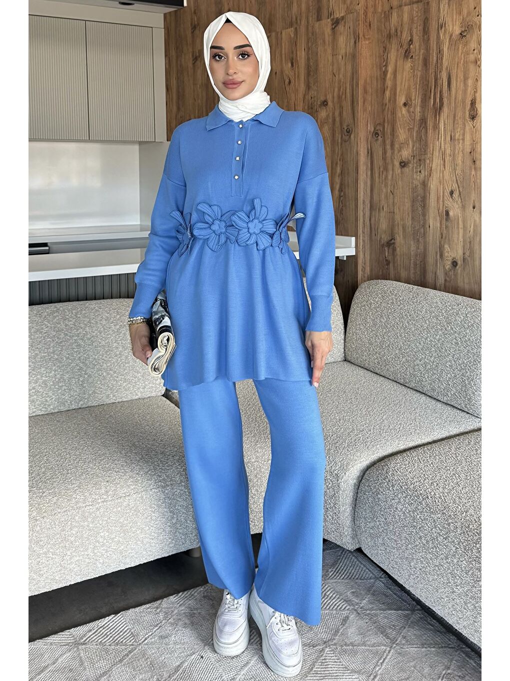 İndigo Papatya Aplikeli Tunik Pantolon Triko Tesettür İkili Takım (s,m,l,xl Uyumludur)-2