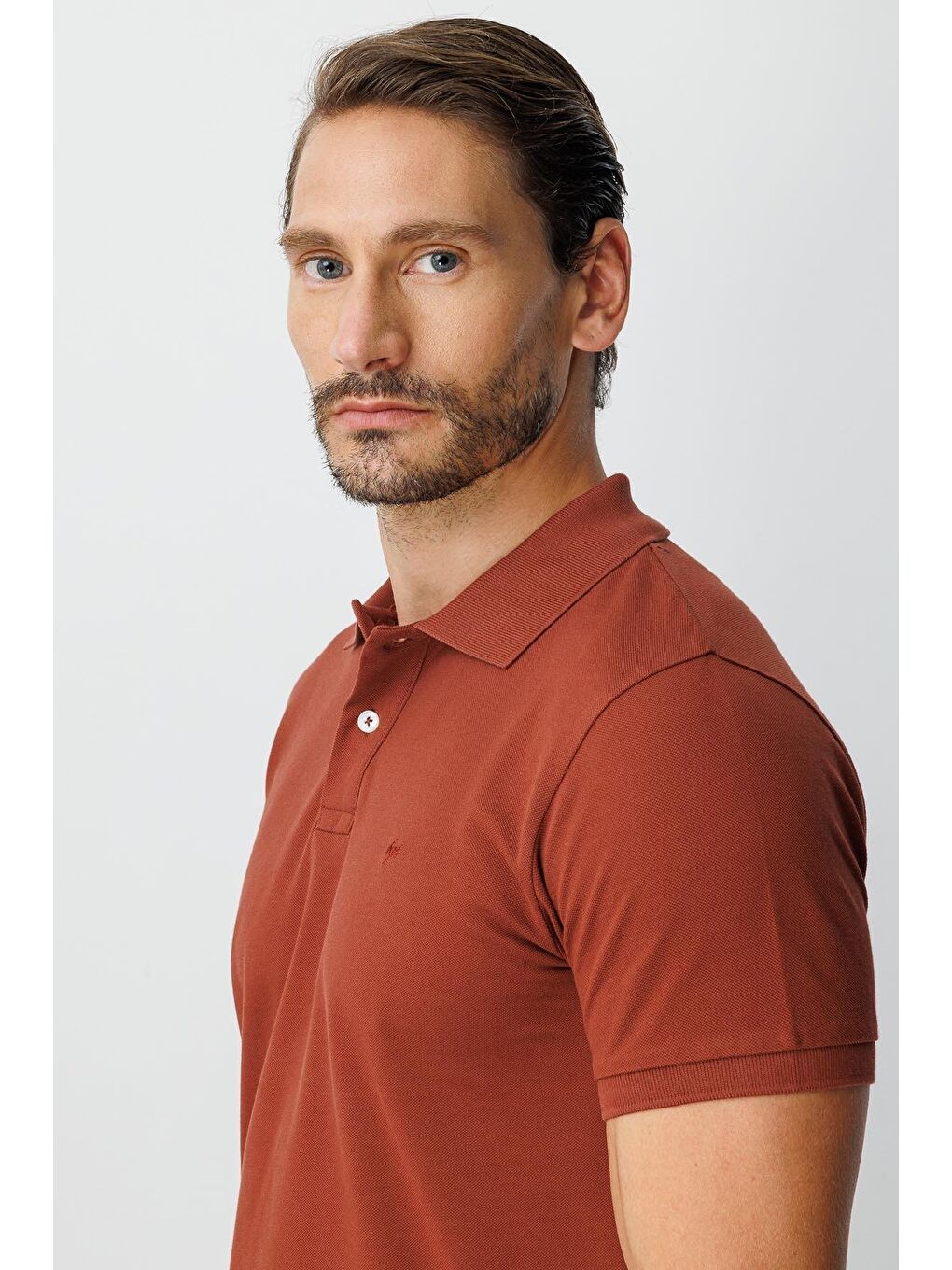 Kahverengi Kiremit Modern Fit Dar Kalıp Polo Yaka Düz Kısa Kollu %100 Pamuk Tişört-4