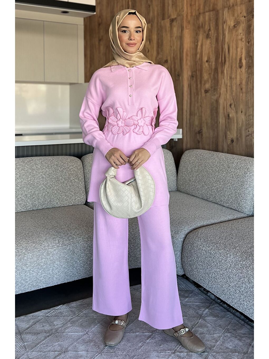 Pembe Papatya Aplikeli Tunik Pantolon Triko Tesettür İkili Takım (s,m,l,xl Uyumludur)
