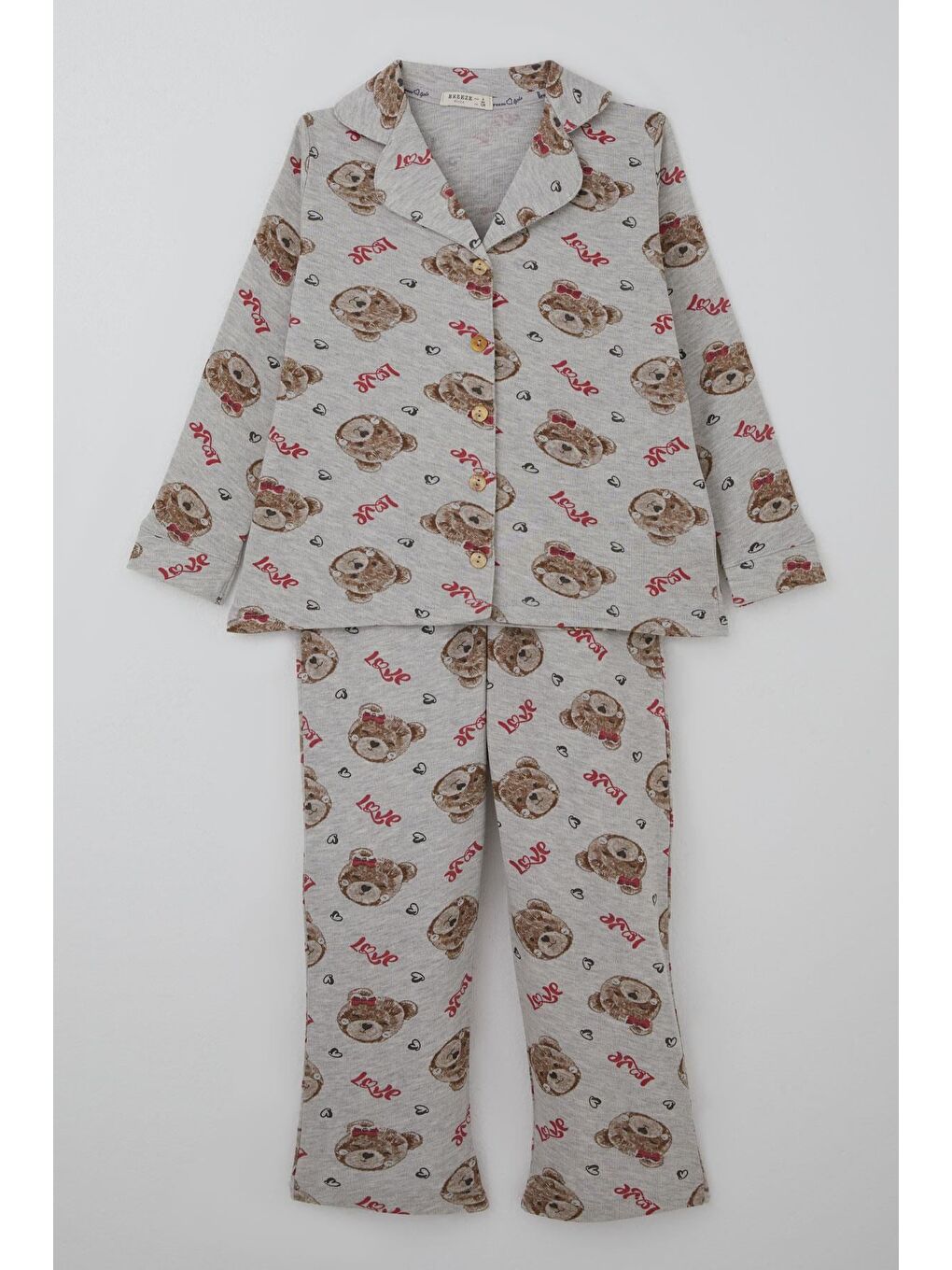 Kız Çocuk Pijama Takımı Sevimli Fiyonklu Ayıcık Desenli Açık Gri Melanj (7-11 Yaş)