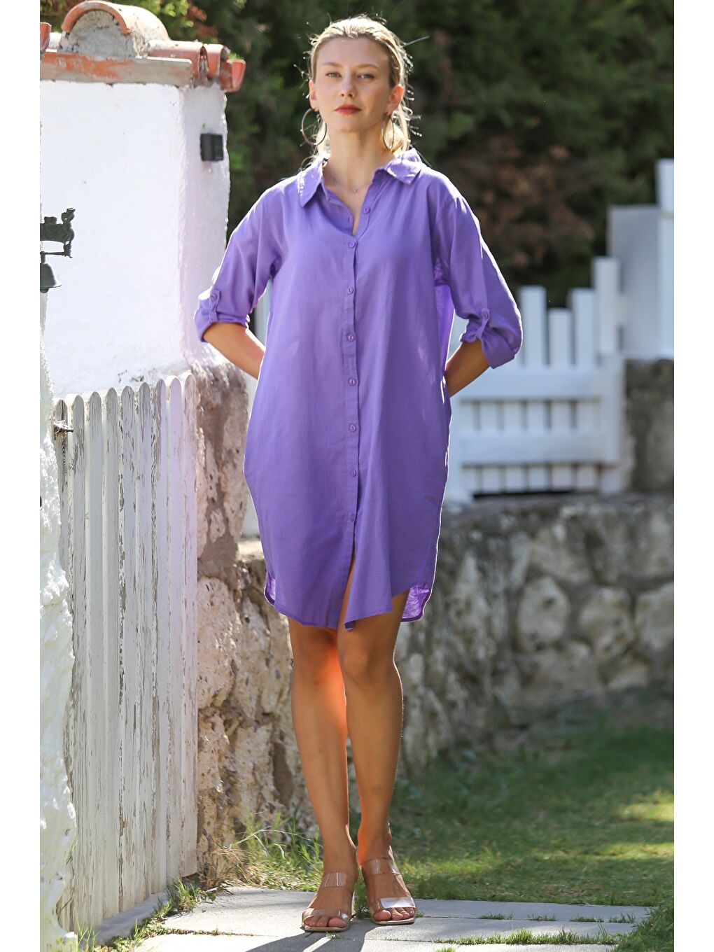 Lila Gömlek Yaka Düğmeli Uzun Kollu Cepli Tavuskuşu Nakışlı Pamuklu Dokuma Casual Elbise-2