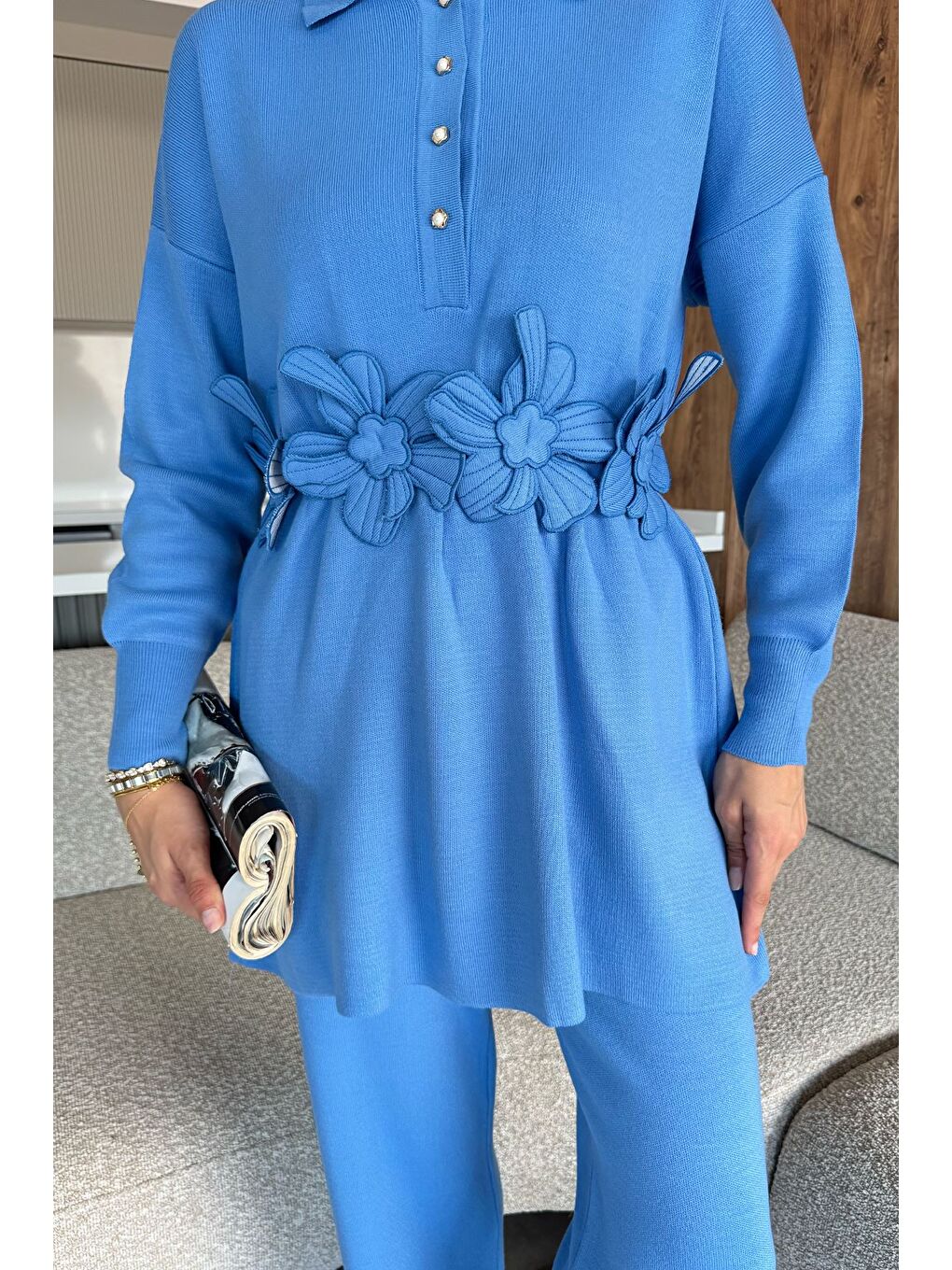 İndigo Papatya Aplikeli Tunik Pantolon Triko Tesettür İkili Takım (s,m,l,xl Uyumludur)-4