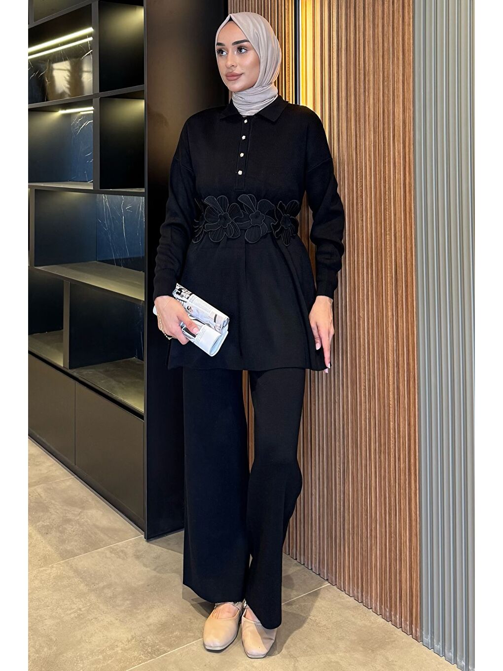 Siyah Papatya Aplikeli Tunik Pantolon Triko Tesettür İkili Takım (s,m,l,xl Uyumludur)-1