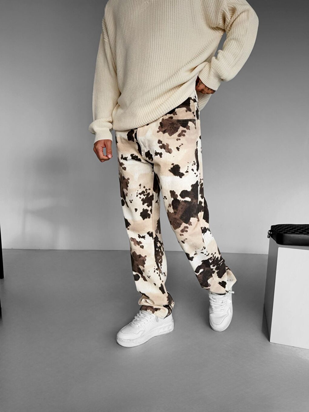 Baggy Fit Desenli Erkek Pantolon Bej