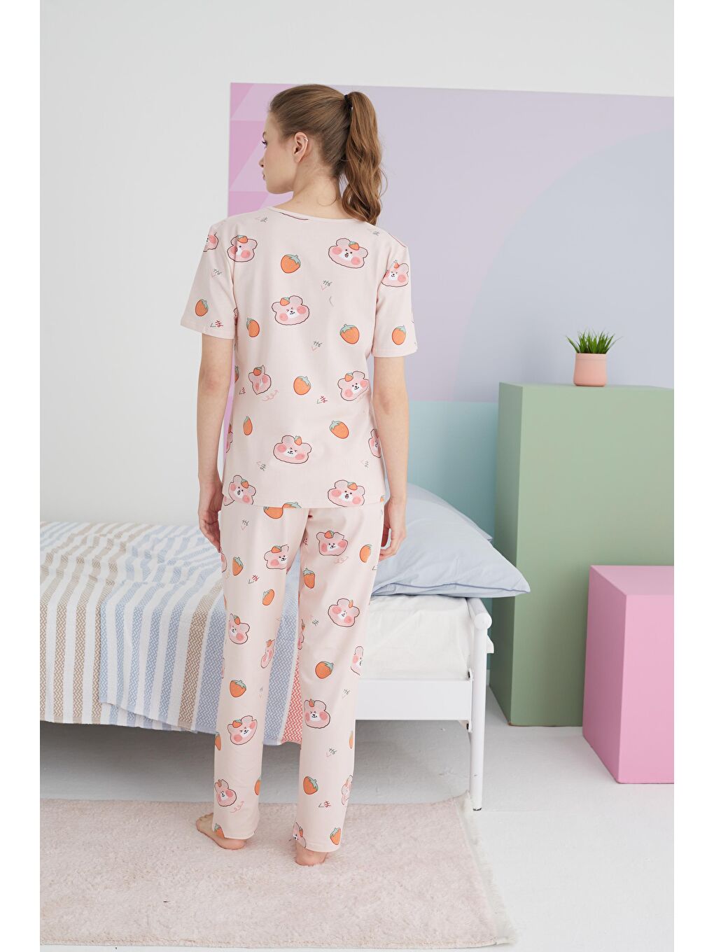 SİYAH İNCİ Somon  Pamuklu Örme Pijama Takım - 1