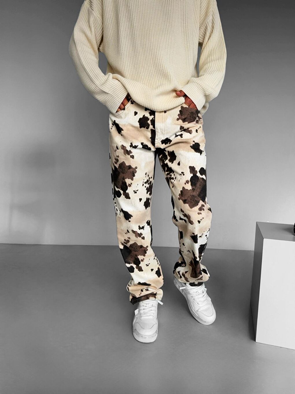 Baggy Fit Desenli Erkek Pantolon Bej-1