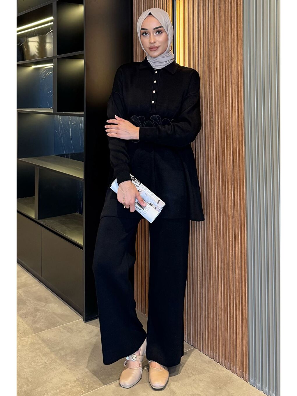 Siyah Papatya Aplikeli Tunik Pantolon Triko Tesettür İkili Takım (s,m,l,xl Uyumludur)-2