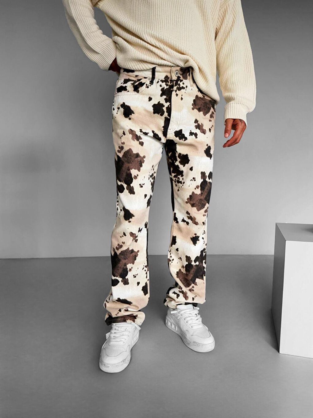 Baggy Fit Desenli Erkek Pantolon Bej-2