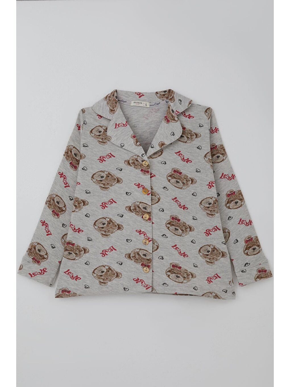 Kız Çocuk Pijama Takımı Sevimli Fiyonklu Ayıcık Desenli Açık Gri Melanj (7-11 Yaş)-1