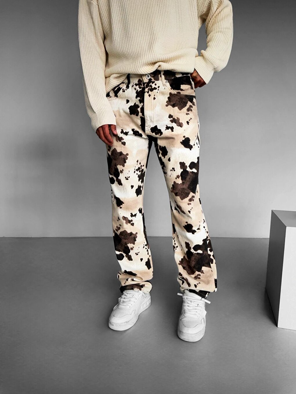 Baggy Fit Desenli Erkek Pantolon Bej-3