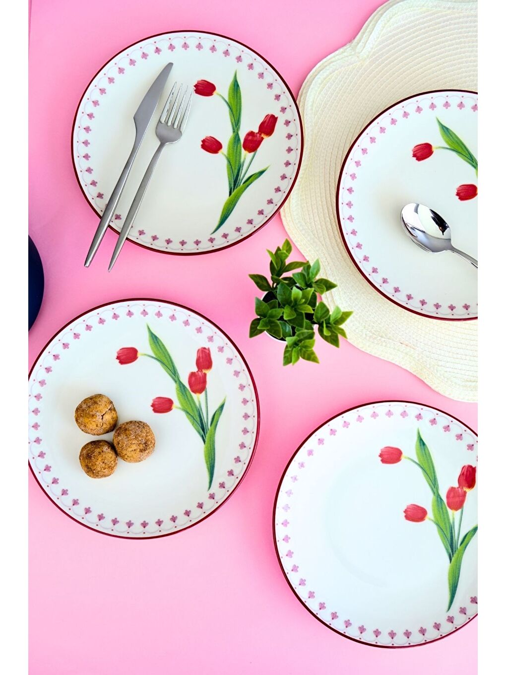 Beyaz Lale Tuval Pasta Takımı Rimli 20 cm 4 Kişilik 4 Parça TVL4PTPRS1160-1