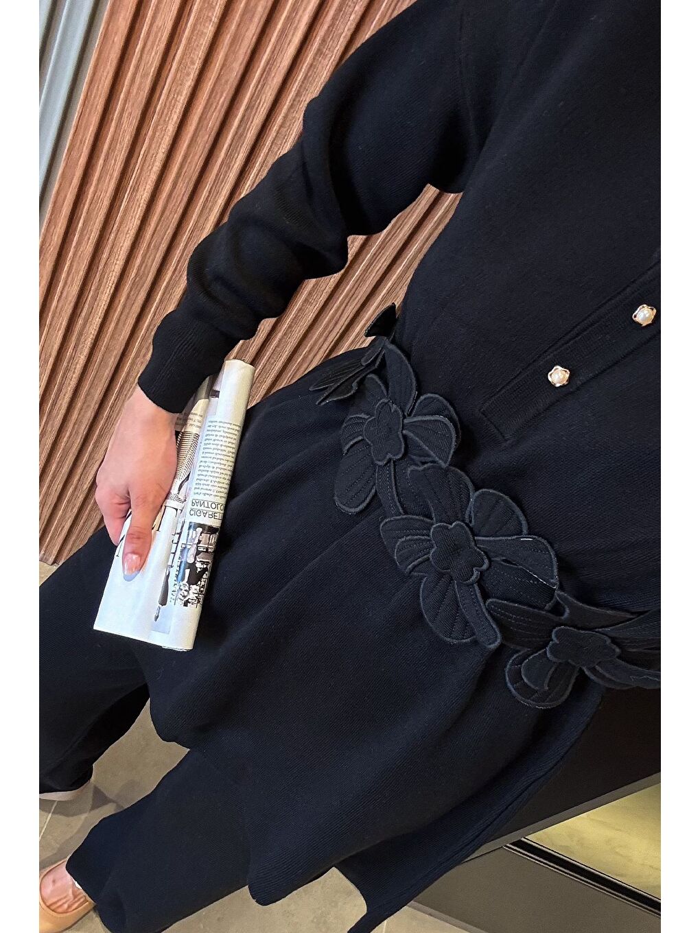 Siyah Papatya Aplikeli Tunik Pantolon Triko Tesettür İkili Takım (s,m,l,xl Uyumludur)-4