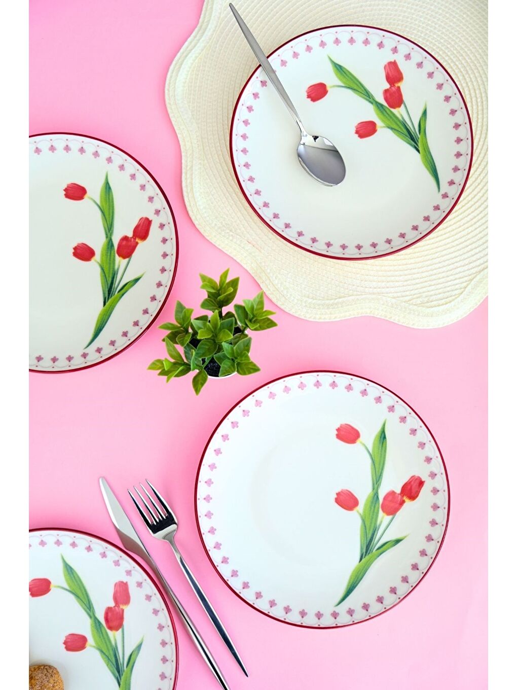 Beyaz Lale Tuval Pasta Takımı Rimli 20 cm 4 Kişilik 4 Parça TVL4PTPRS1160-2