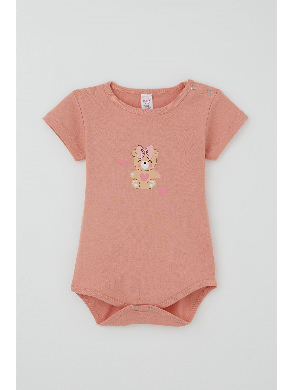 Pembe Kız Çocuk Çıtçıtlı Kısa Kollu Zıbın Body Sevimli Bebek Ayıcık Baskılı Gülkurusu (1-3 Yaş)