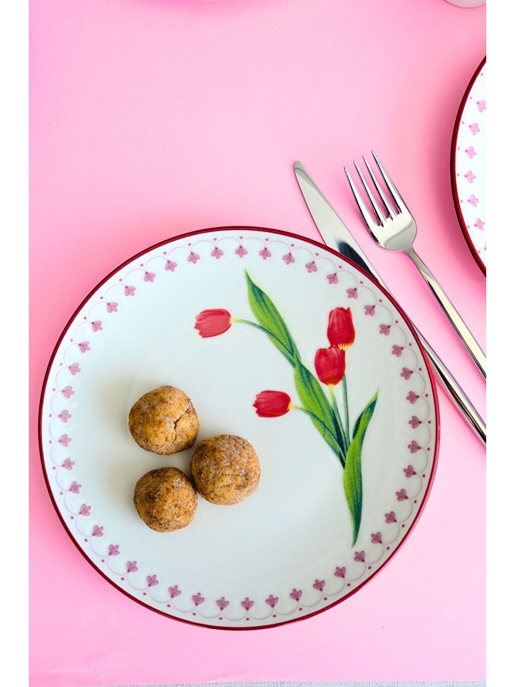 Beyaz Lale Tuval Pasta Takımı Rimli 20 cm 4 Kişilik 4 Parça TVL4PTPRS1160-3