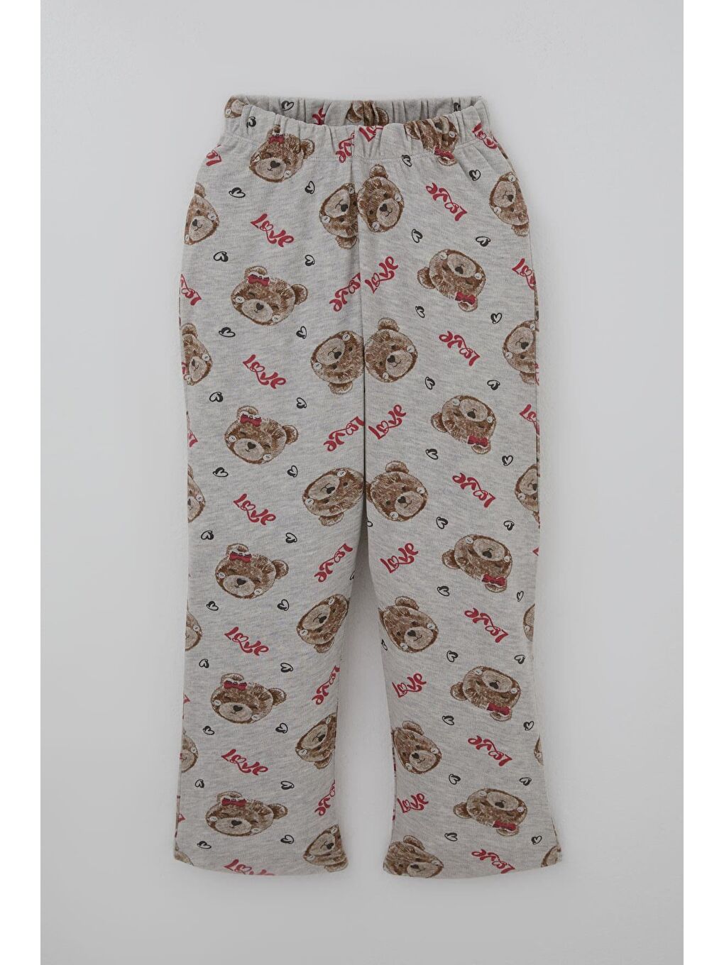 Kız Çocuk Pijama Takımı Sevimli Fiyonklu Ayıcık Desenli Açık Gri Melanj (7-11 Yaş)-2