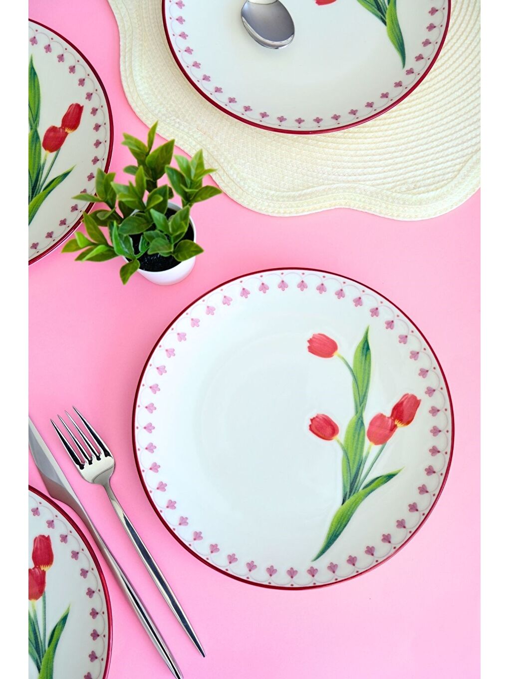 Beyaz Lale Tuval Pasta Takımı Rimli 20 cm 4 Kişilik 4 Parça TVL4PTPRS1160-4