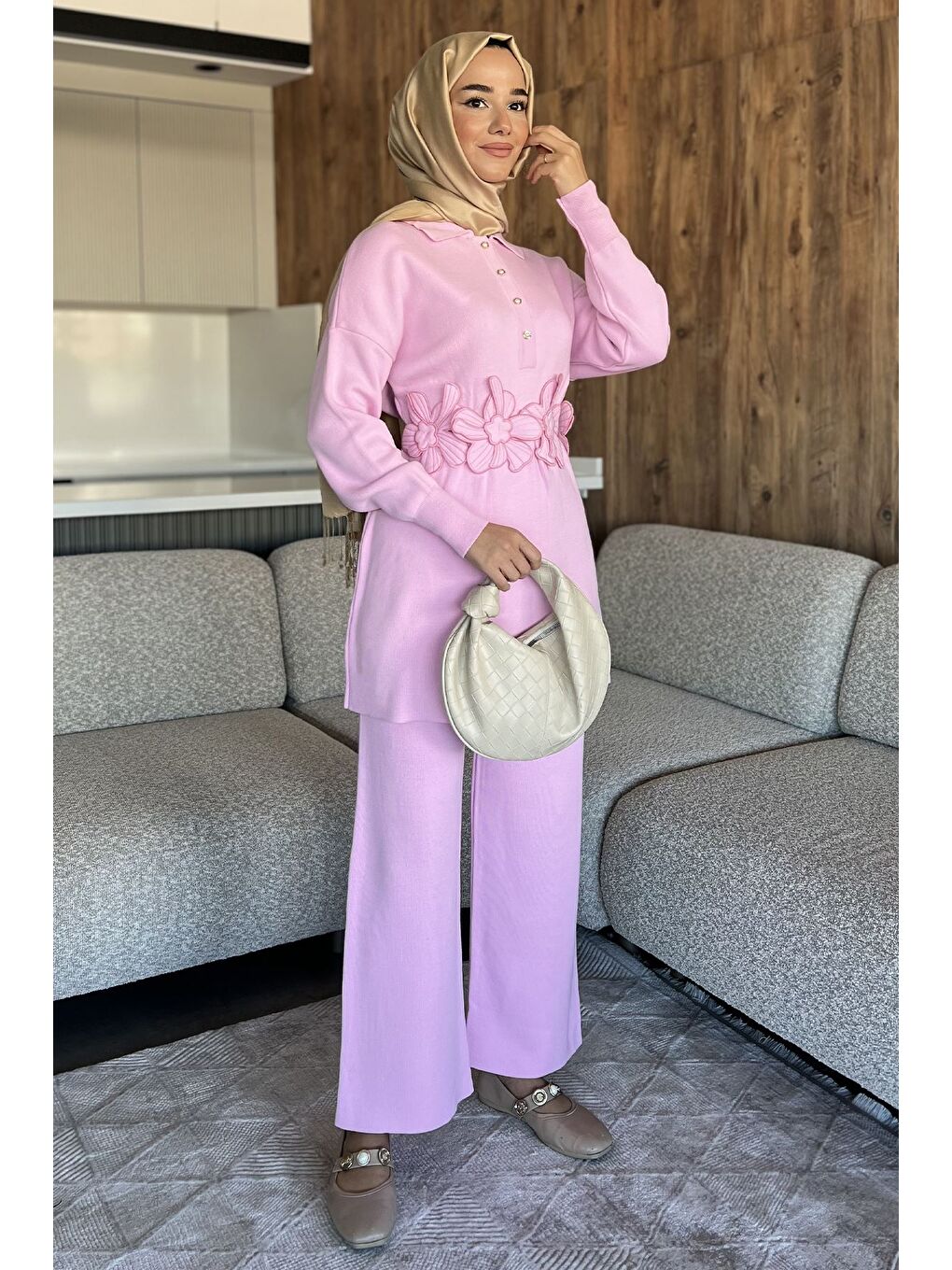 Pembe Papatya Aplikeli Tunik Pantolon Triko Tesettür İkili Takım (s,m,l,xl Uyumludur)-3