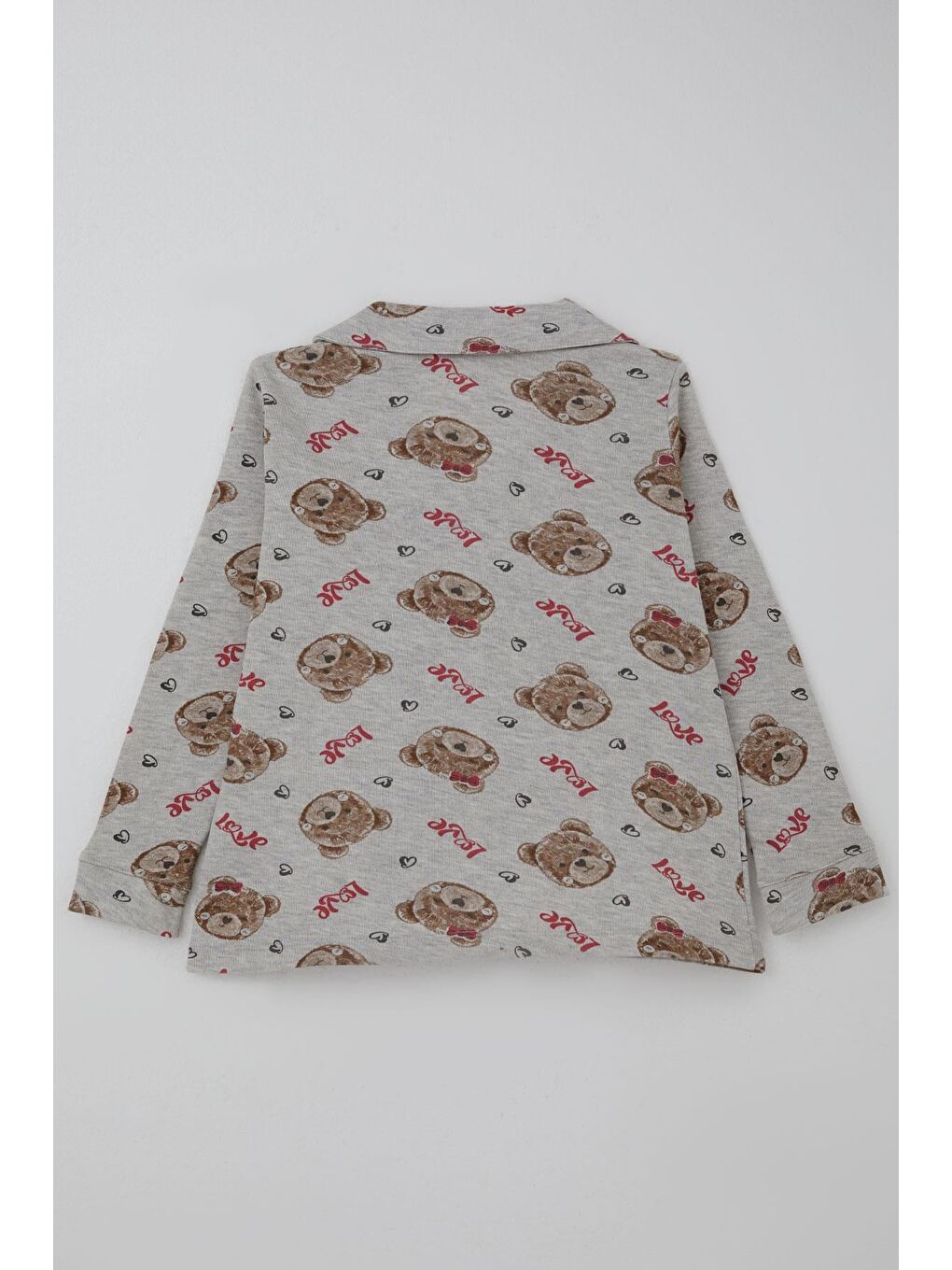 Kız Çocuk Pijama Takımı Sevimli Fiyonklu Ayıcık Desenli Açık Gri Melanj (7-11 Yaş)-3