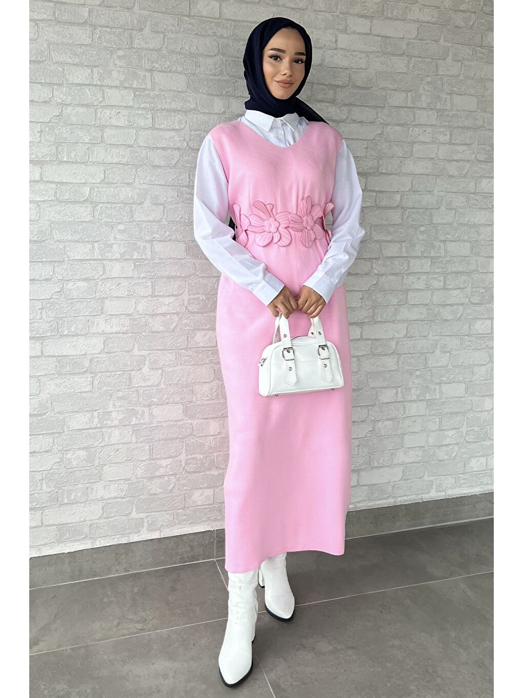 Pembe Gül Figürlü Triko Elbise Gömlek Tesettür İkili Takım