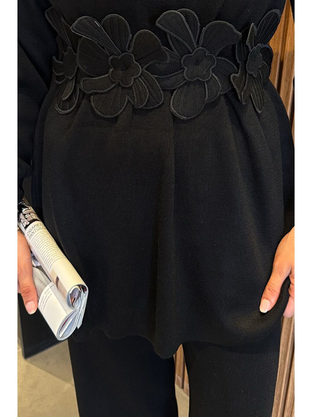 Siyah Papatya Aplikeli Tunik Pantolon Triko Tesettür İkili Takım (s,m,l,xl Uyumludur)-6