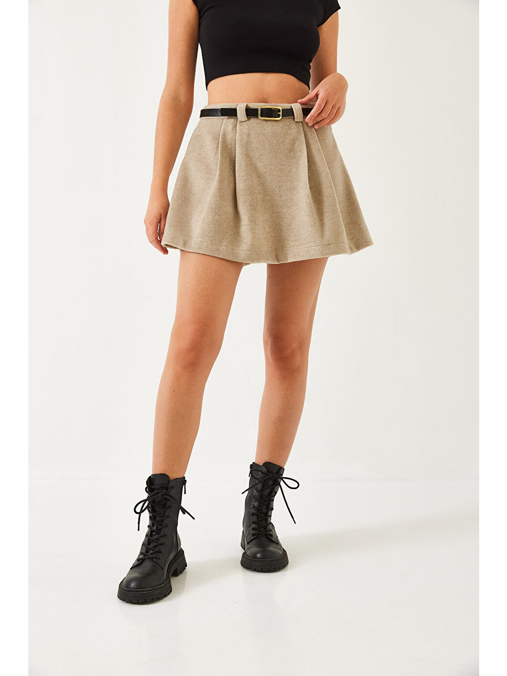 Bej Kadın Kemerli Kaşe Etek-1