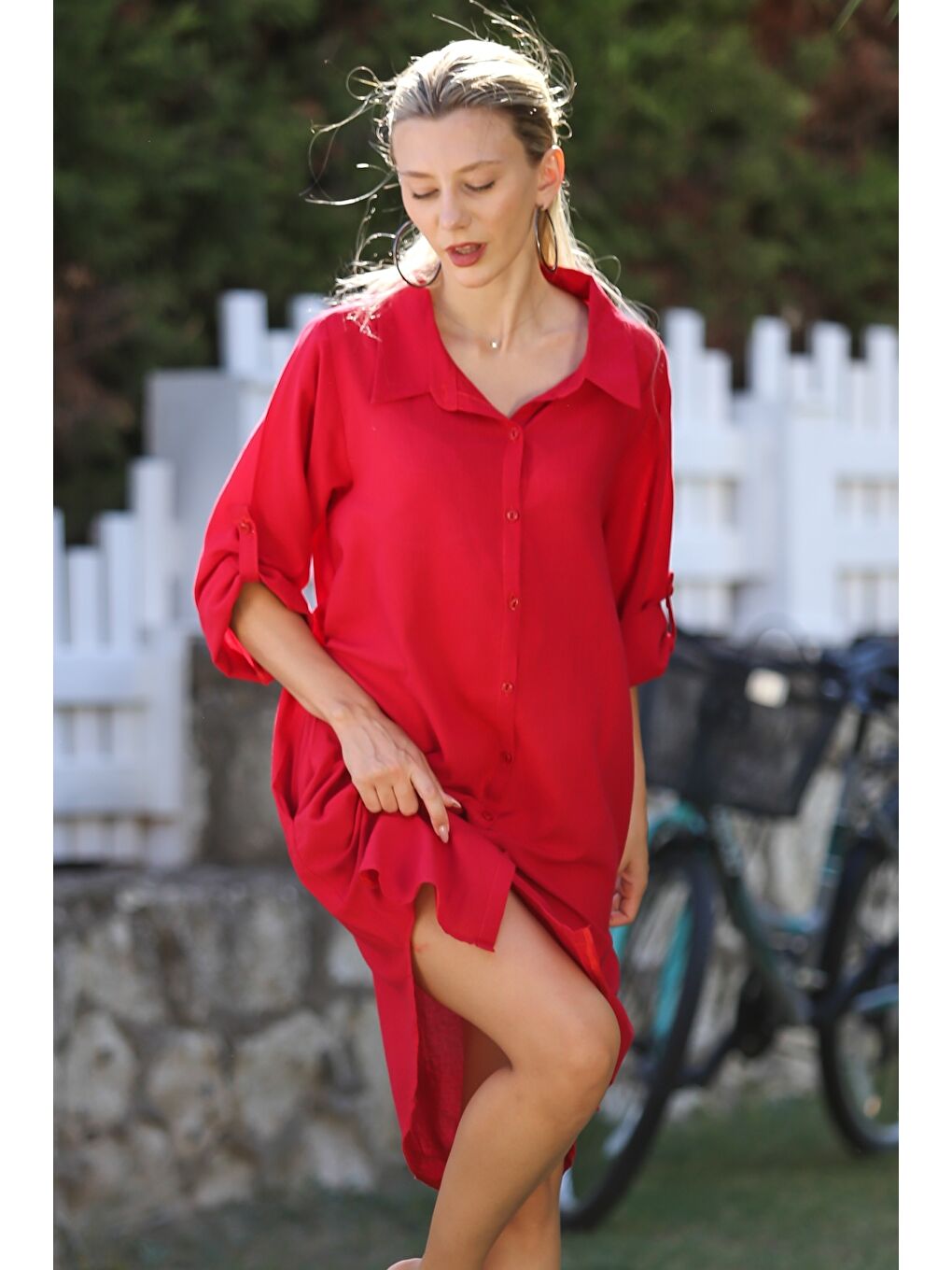 Kırmızı Gömlek Yaka Düğmeli Uzun Kollu Cepli Tavuskuşu Nakışlı Pamuklu Dokuma Casual Elbise-5