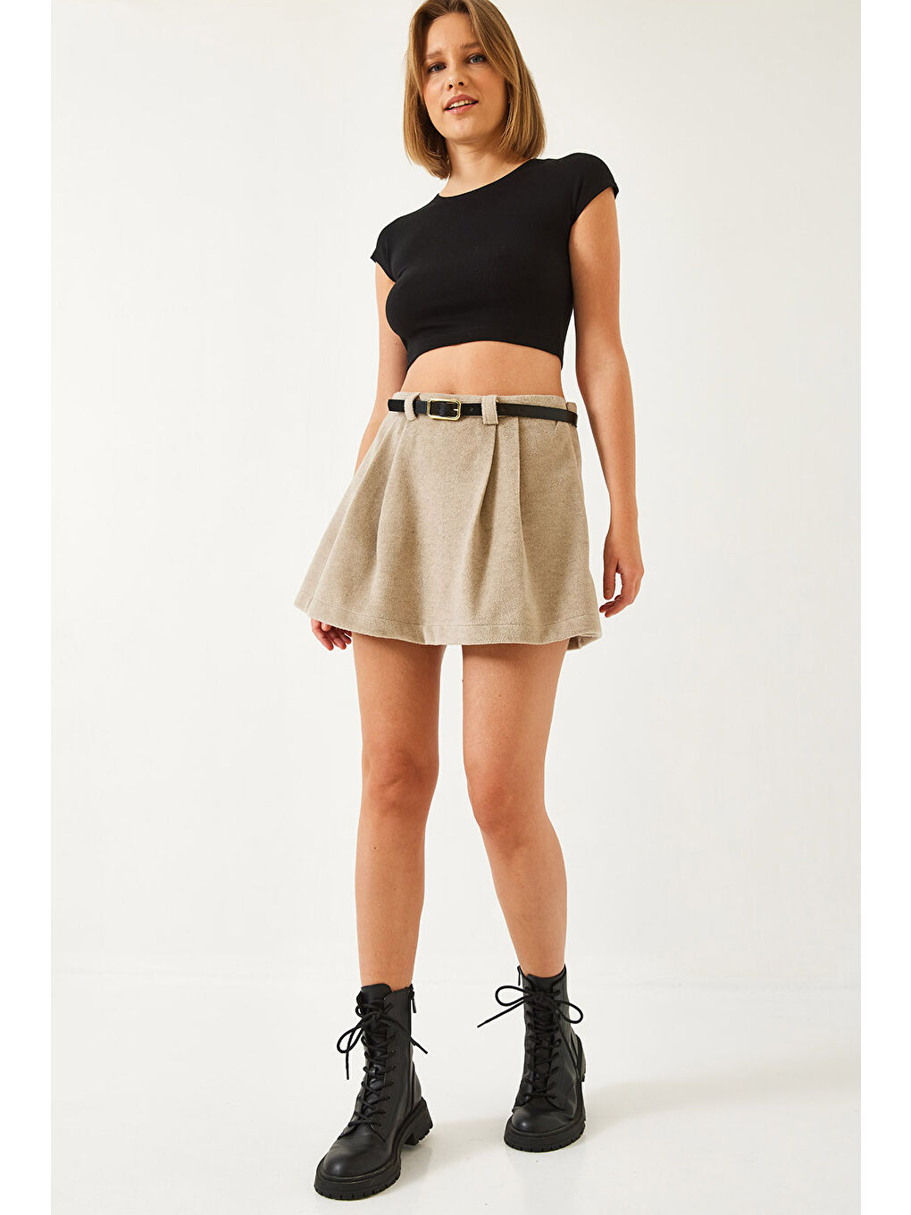 Bej Kadın Kemerli Kaşe Etek-2
