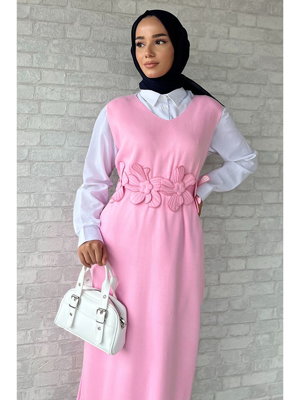 Pembe Gül Figürlü Triko Elbise Gömlek Tesettür İkili Takım-1