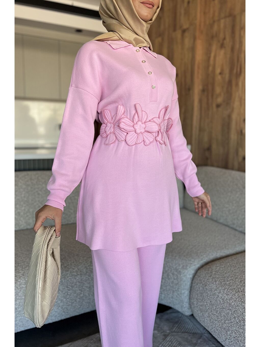 Pembe Papatya Aplikeli Tunik Pantolon Triko Tesettür İkili Takım (s,m,l,xl Uyumludur)-4