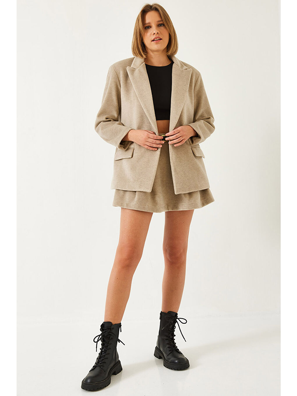 Bej Kadın Kemerli Kaşe Etek-4