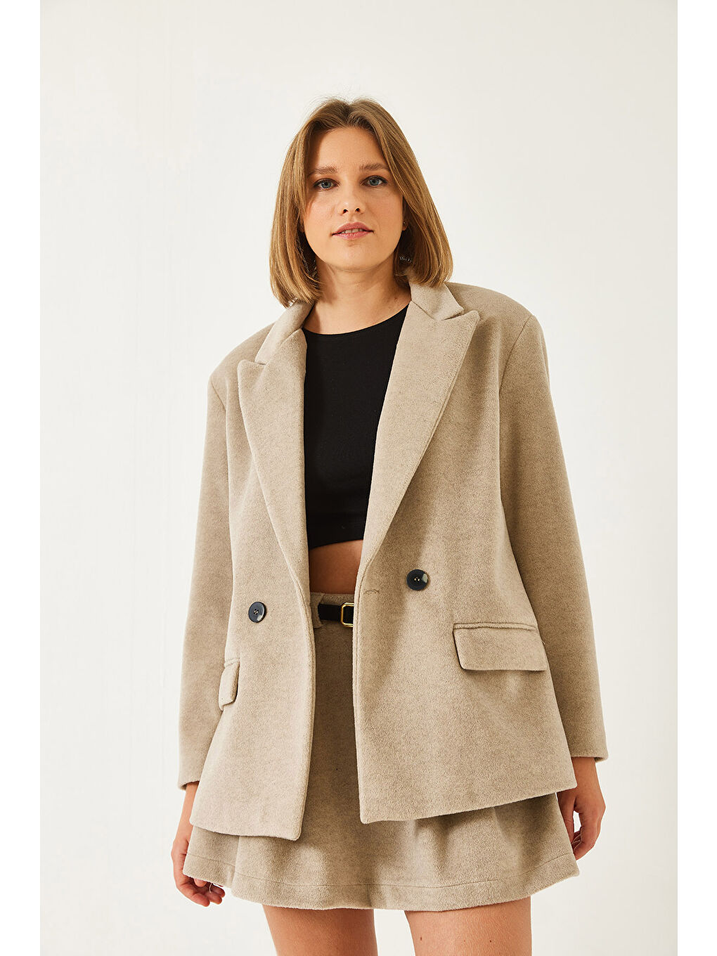 Bej Kadın Kemerli Kaşe Etek-5