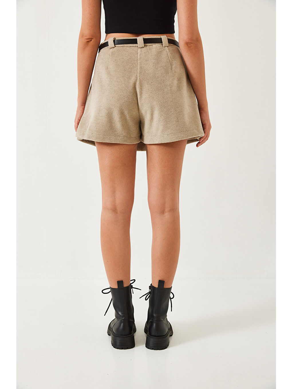 Bej Kadın Kemerli Kaşe Etek-6