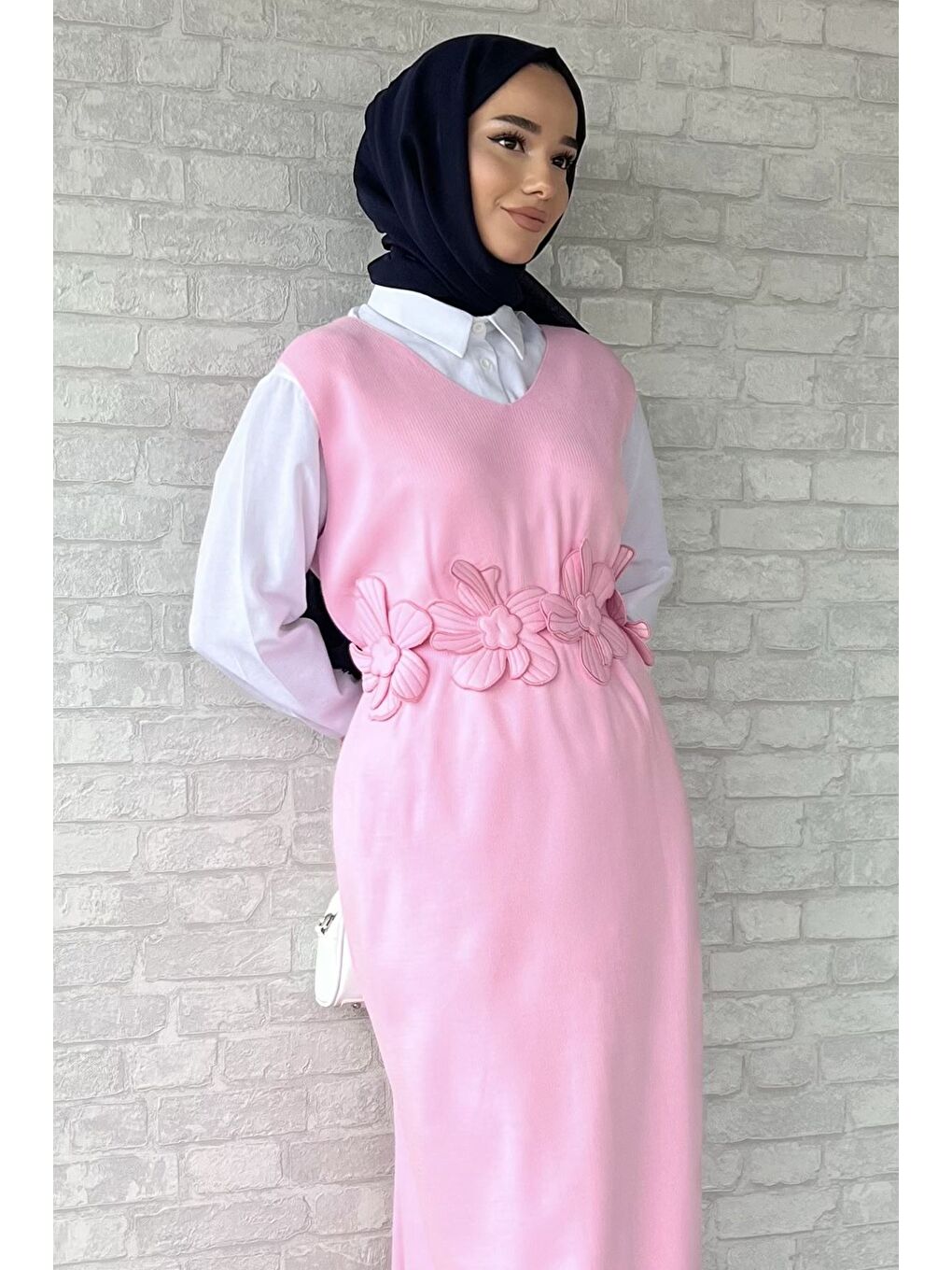 Pembe Gül Figürlü Triko Elbise Gömlek Tesettür İkili Takım-2