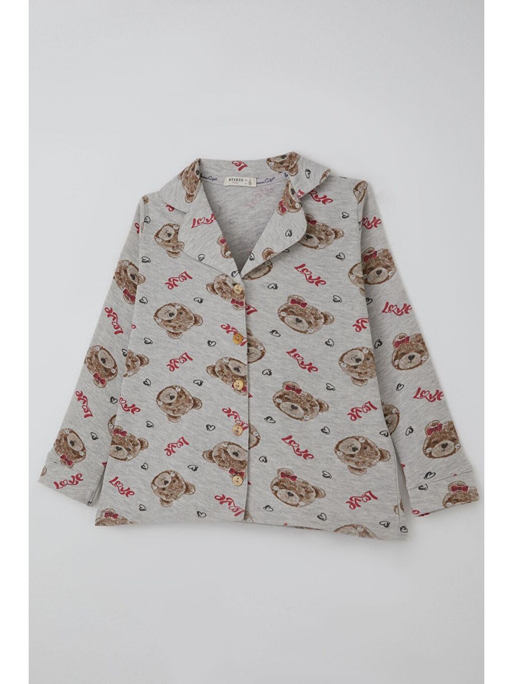 Kız Çocuk Pijama Takımı Sevimli Fiyonklu Ayıcık Desenli Açık Gri Melanj (7-11 Yaş)-5