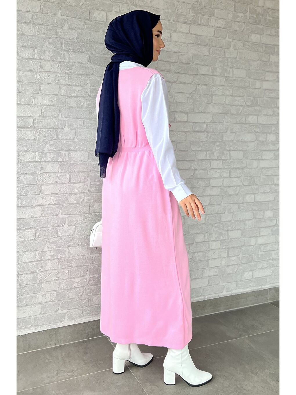 Pembe Gül Figürlü Triko Elbise Gömlek Tesettür İkili Takım-3