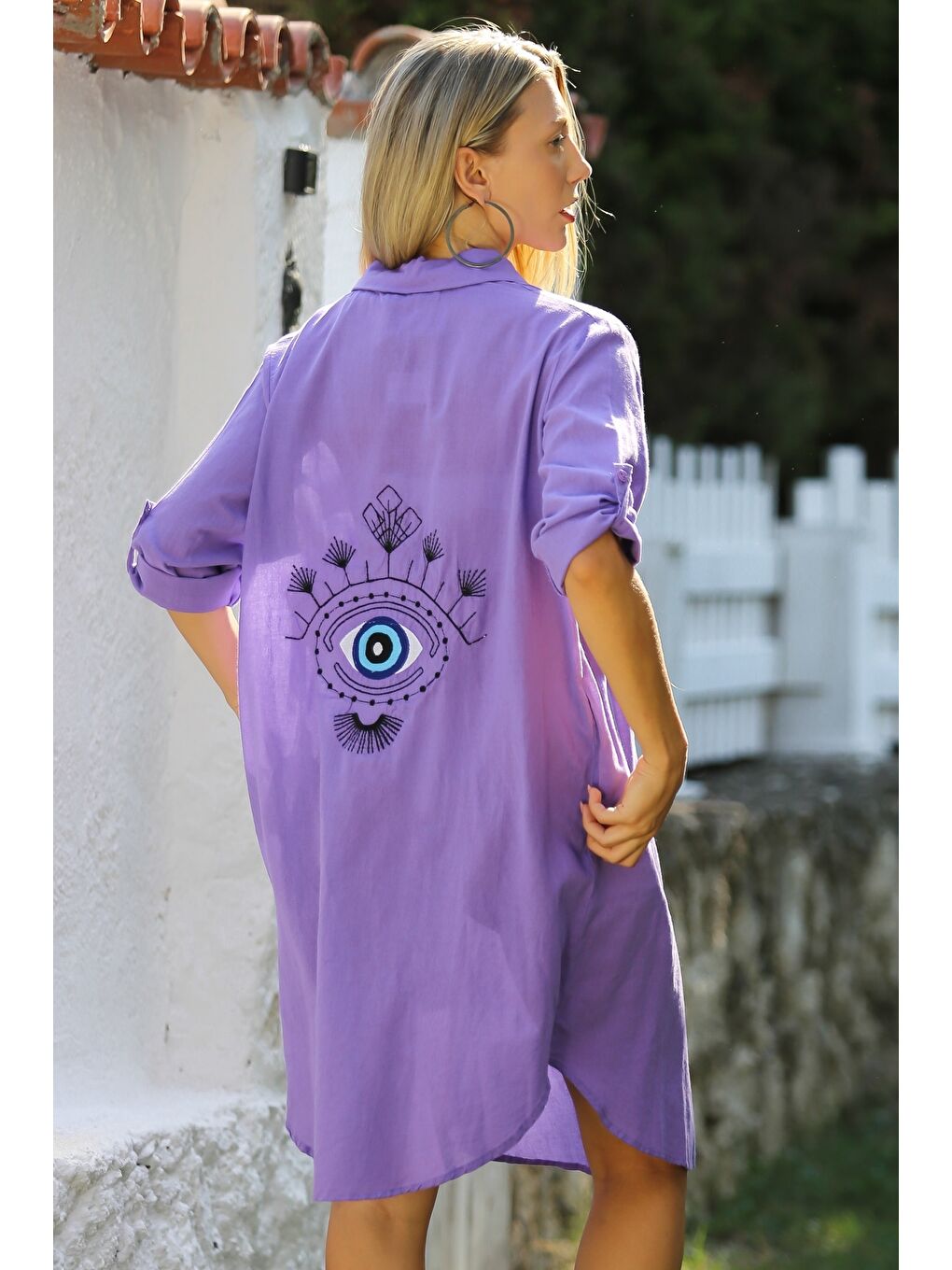 Lila Gömlek Yaka Düğmeli Uzun Kollu Cepli Göz Nakışlı Pamuklu Dokuma Casual Elbise-1