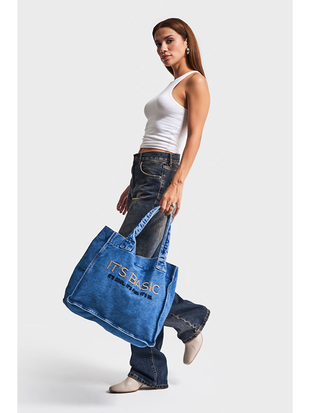 Mavi Jean Rengi Its basic Nakışlı Körüklü Askılı Denim Çanta-1