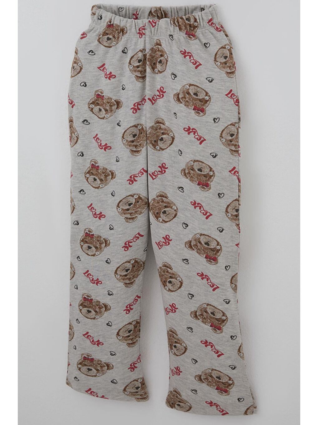 Kız Çocuk Pijama Takımı Sevimli Fiyonklu Ayıcık Desenli Açık Gri Melanj (7-11 Yaş)-6