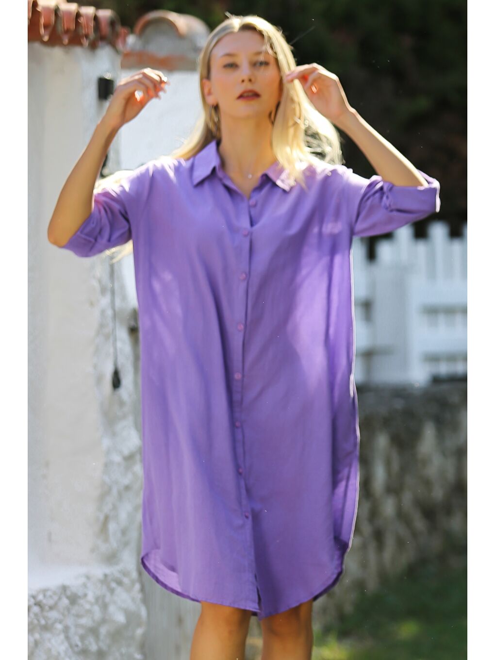 Lila Gömlek Yaka Düğmeli Uzun Kollu Cepli Göz Nakışlı Pamuklu Dokuma Casual Elbise-3