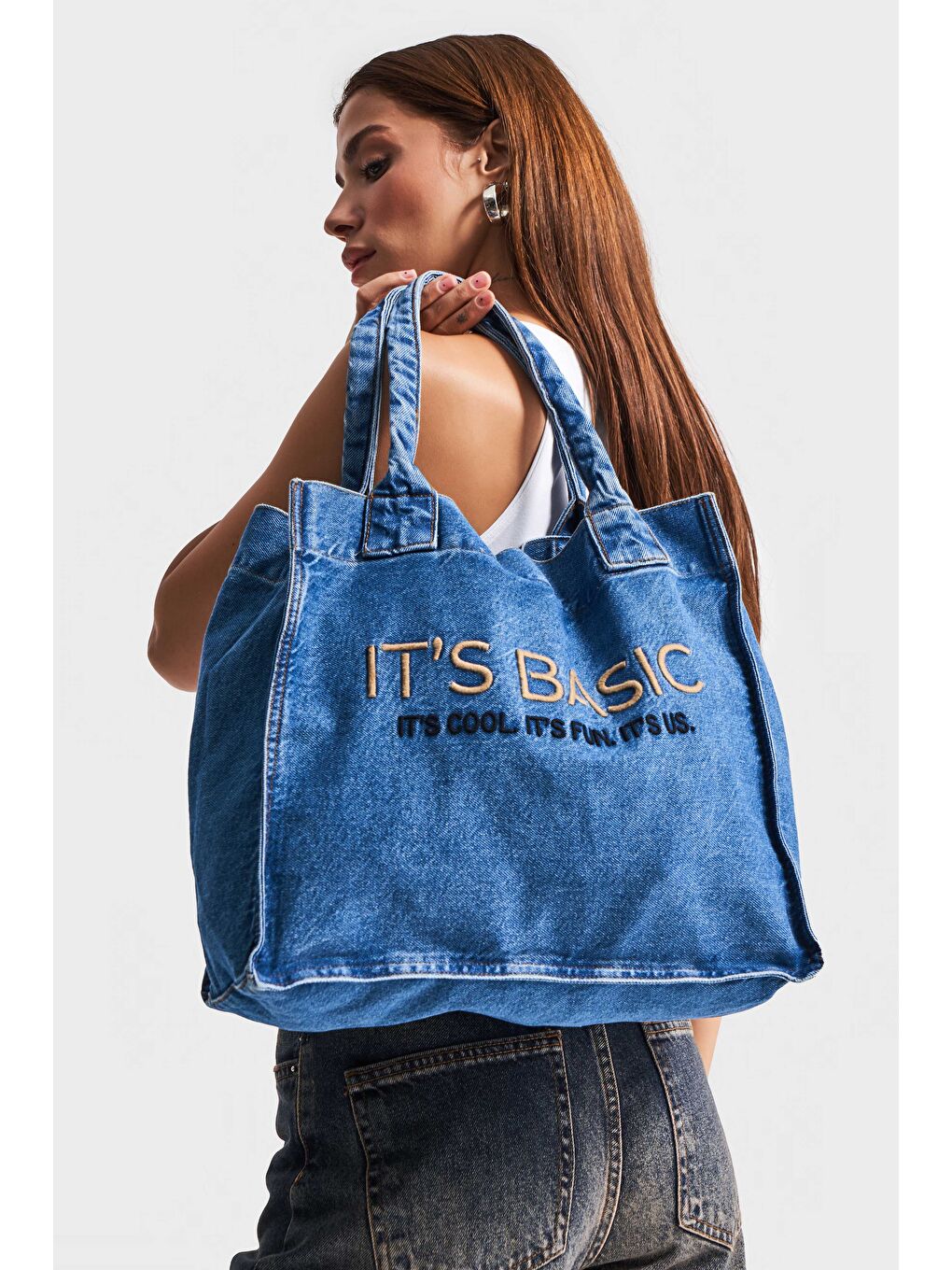 Mavi Jean Rengi Its basic Nakışlı Körüklü Askılı Denim Çanta-2