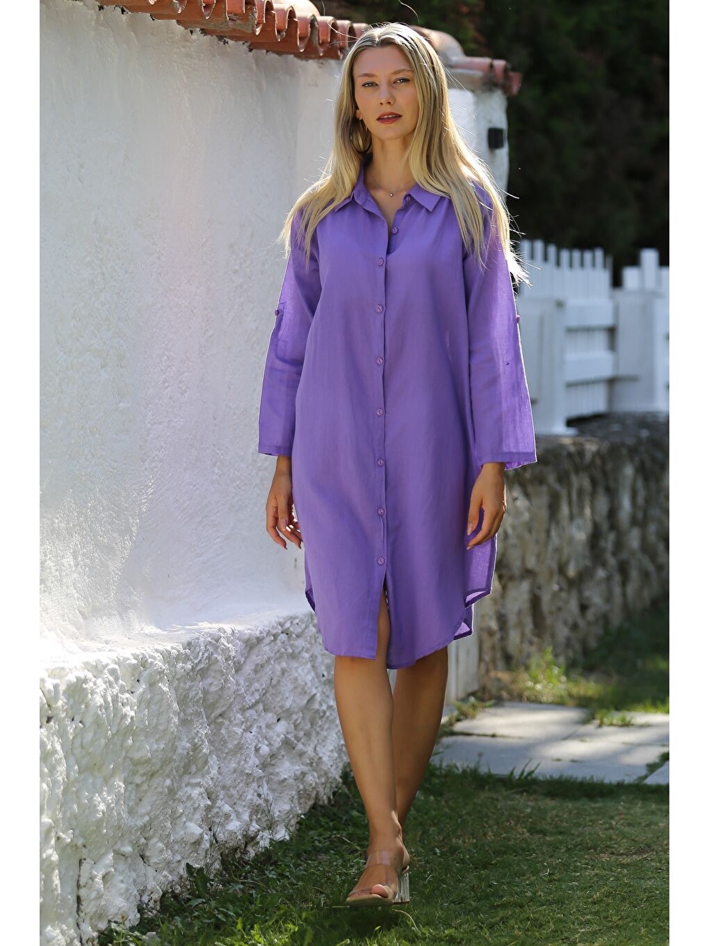 Lila Gömlek Yaka Düğmeli Uzun Kollu Cepli Göz Nakışlı Pamuklu Dokuma Casual Elbise-5