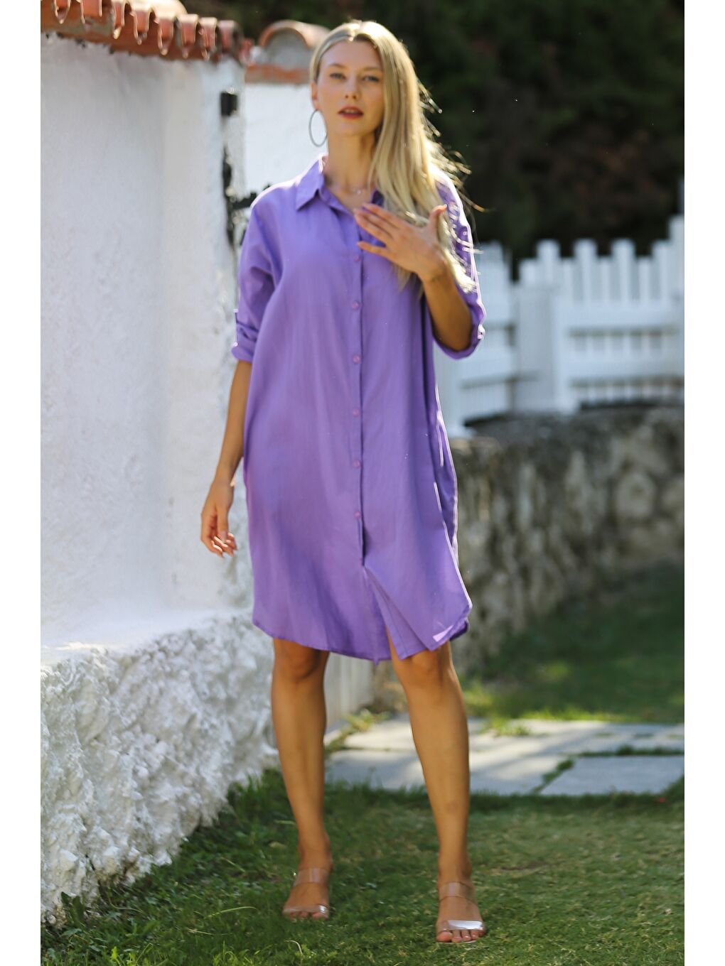 Lila Gömlek Yaka Düğmeli Uzun Kollu Cepli Göz Nakışlı Pamuklu Dokuma Casual Elbise-6