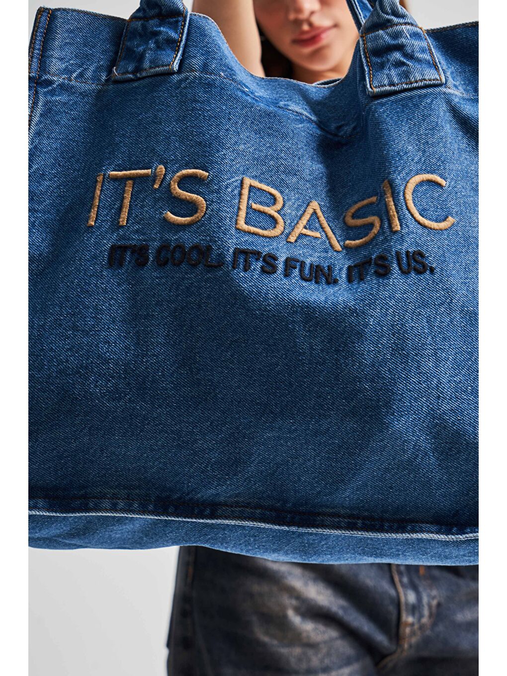 Mavi Jean Rengi Its basic Nakışlı Körüklü Askılı Denim Çanta-3