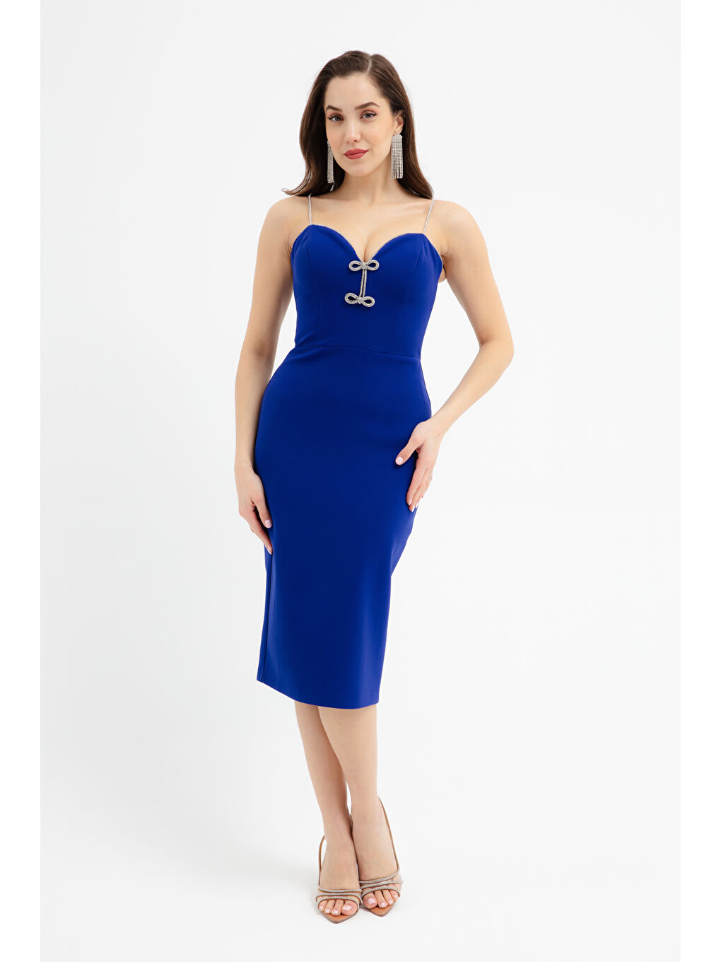 Mavi Kadın Saks Taş Askılı Fiyonklu Abiye Elbise-2