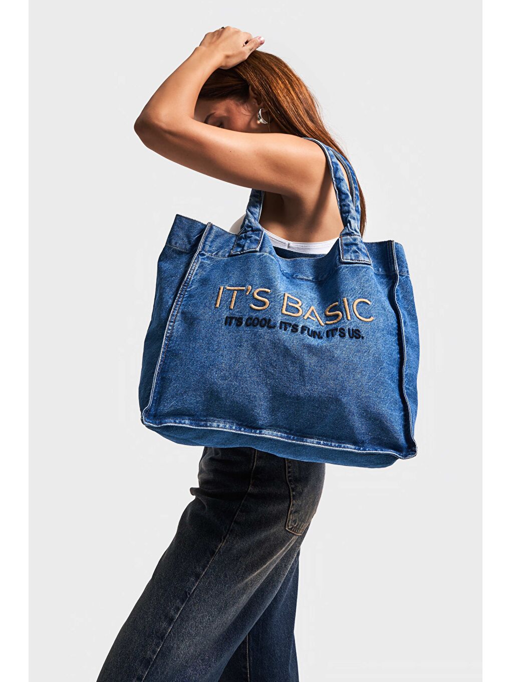 Mavi Jean Rengi Its basic Nakışlı Körüklü Askılı Denim Çanta-4