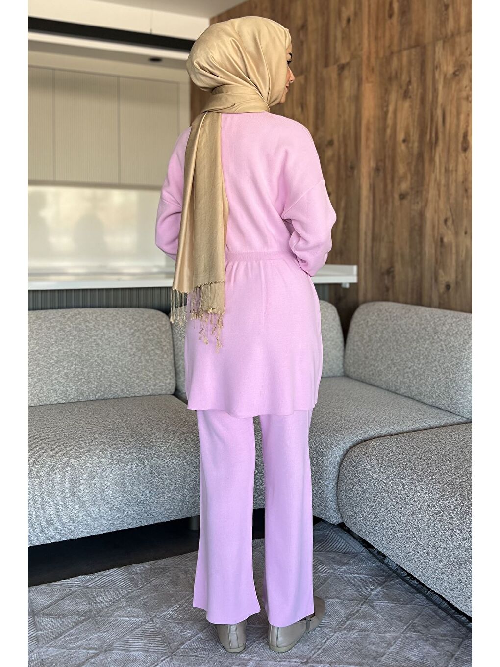 Pembe Papatya Aplikeli Tunik Pantolon Triko Tesettür İkili Takım (s,m,l,xl Uyumludur)-7