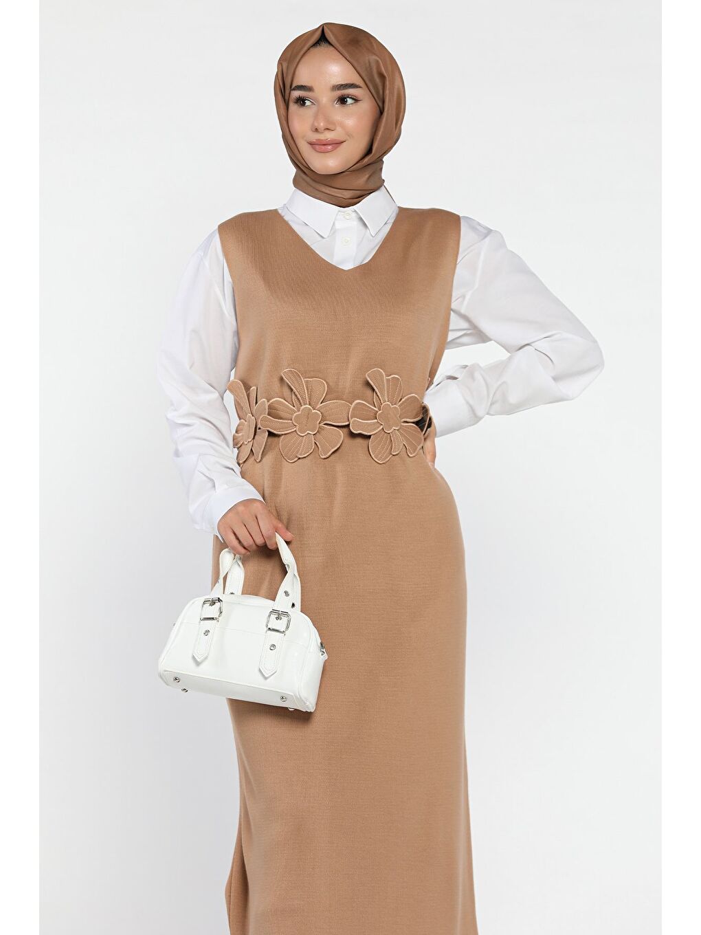 Ekru Gül Figürlü Triko Elbise Gömlek Tesettür İkili Takım-3