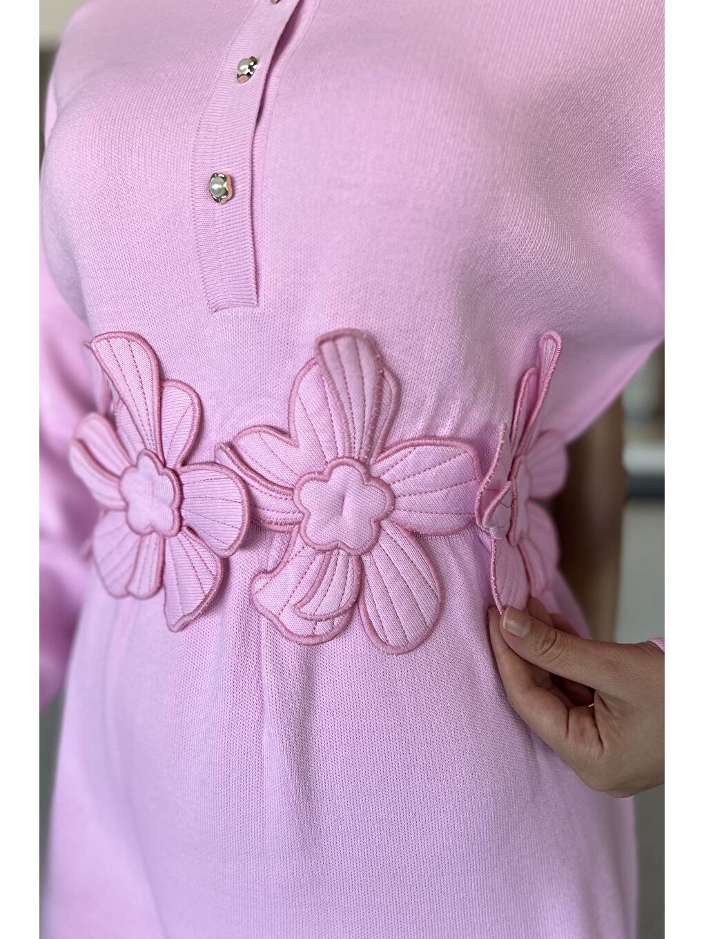 Pembe Papatya Aplikeli Tunik Pantolon Triko Tesettür İkili Takım (s,m,l,xl Uyumludur)-8